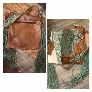 HCC Brown Leather Crossbody Bag with Turquoise Fringe and LV Accent